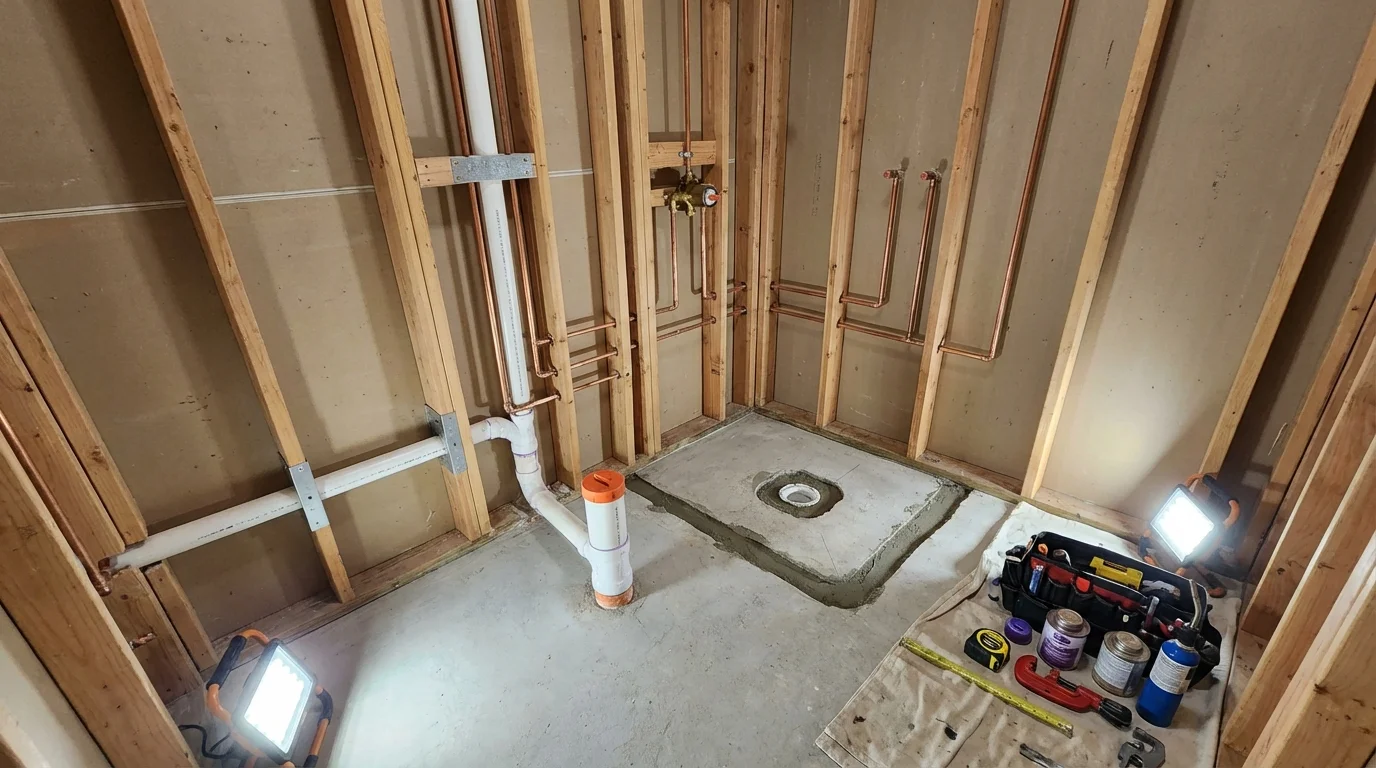 Bathroom rough-in plumbing during remodel by Johns Plumbing LLC in Hooper