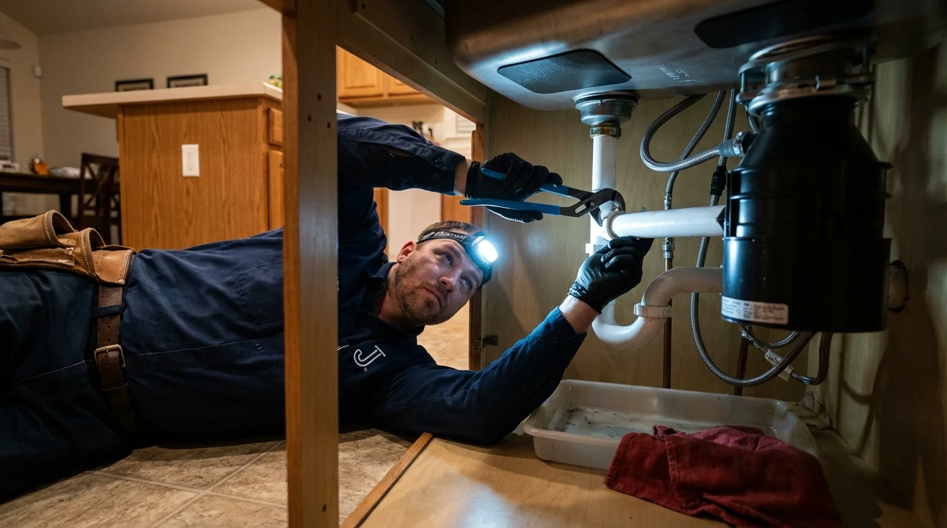 P-trap and supply line connections under a kitchen sink showing a common leak point in Hooper, UT